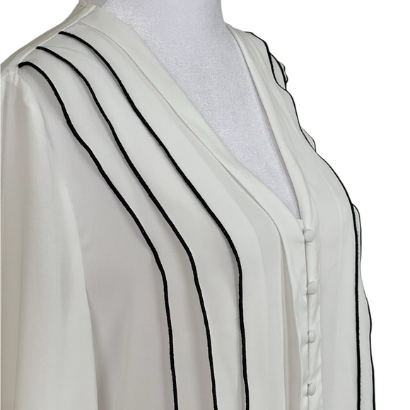 Zara Basic White Semi-Sheer Blouse Sz L Black Detail Ruffles Long Sleeves V Neck - Picture 5 of 12